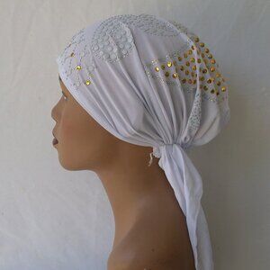 WHITE Pre-Tied Stud Chemo Cap Slip On Bonnet Hijab Undercap #2